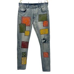 Serenade Mens 36 Jeans Patchwork Distressed Ripped Fitted Tapered Skinny
